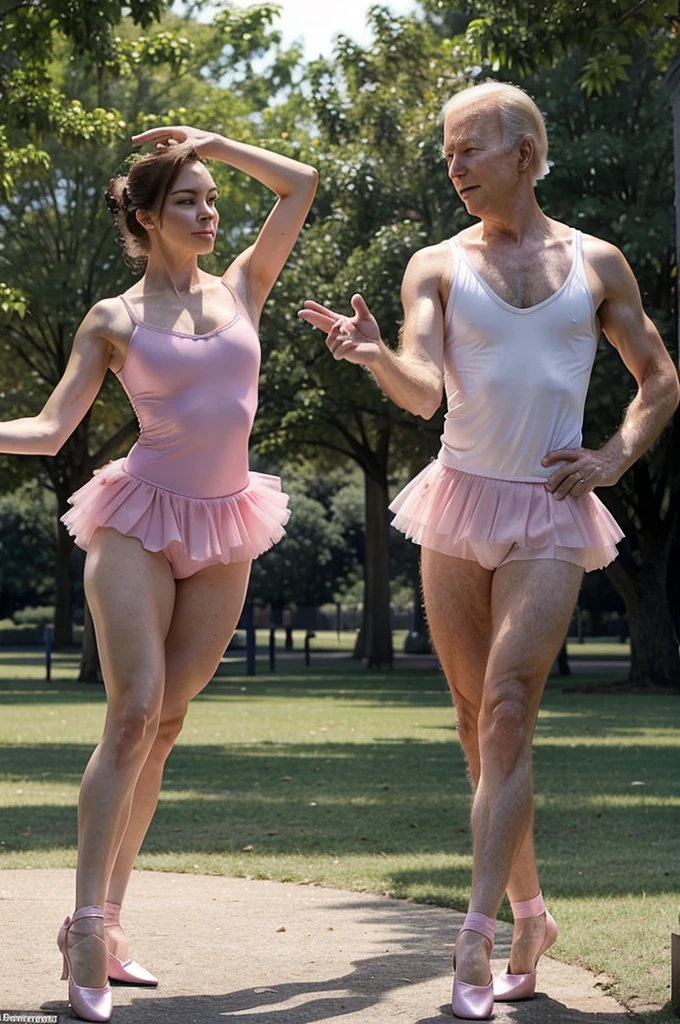 Donald Trump and Joe Biden are dancing ballet in pink ballet outfits in a park