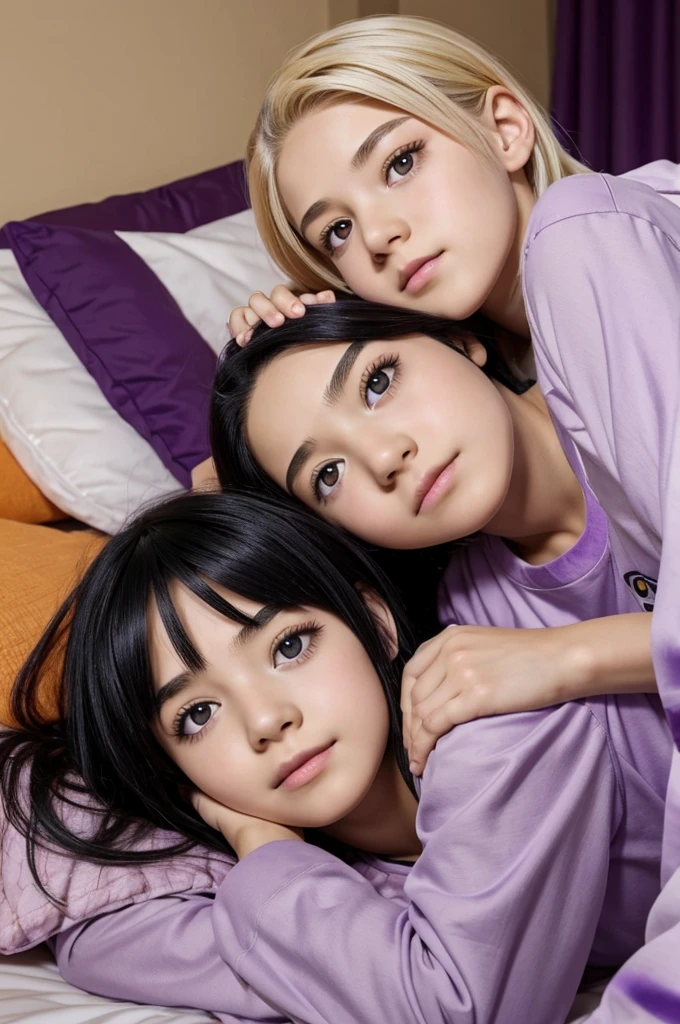 screenshot of Boku no hero, a teenager, anime, beautiful woman, black hair with short purple, slanted eyes, black and purple eyes, wearing lilac pajamas with deep purple polka dots, along with a boy with blonde hair , red eyes, slanted eyes, he is wearing orange pajamas, the boy's head lying on the girl's shoulder, they are in a room
