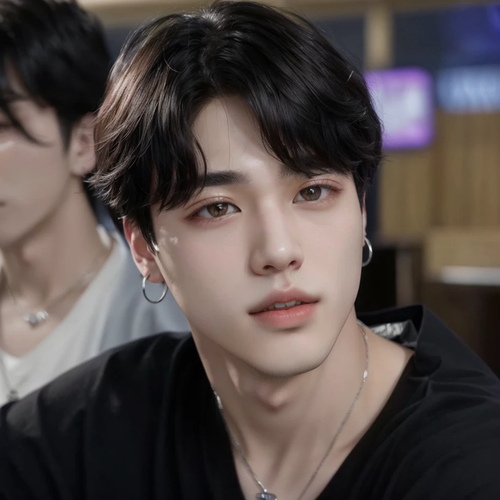 there is a man with a black shirt and a necklace, Jimin\the full lips, accurate Jimin face, park Jimin, Jimin\the right eyelid is swollen, Jimin\the Greek nose, Jimin, Yoongi with black hair, Tae June Kim, hyung tae, Jungkook, adorable and pale korean face, taken at the beginning of 2020, jung jaehyun