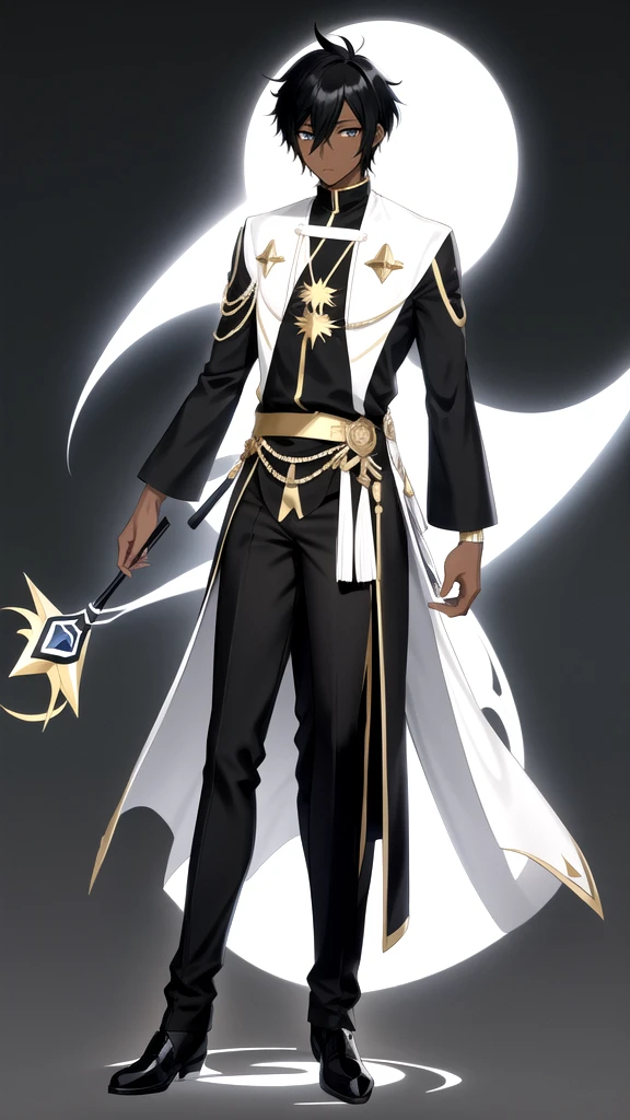 Anime style,Full body,male,dark skin,Black and white two-color short hair,wizard,Minimalist background