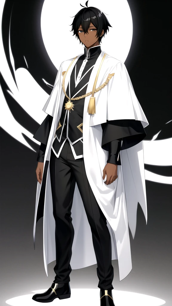 Anime style,Full body,male,dark skin,Black and white two-color short hair,wizard,Minimalist background