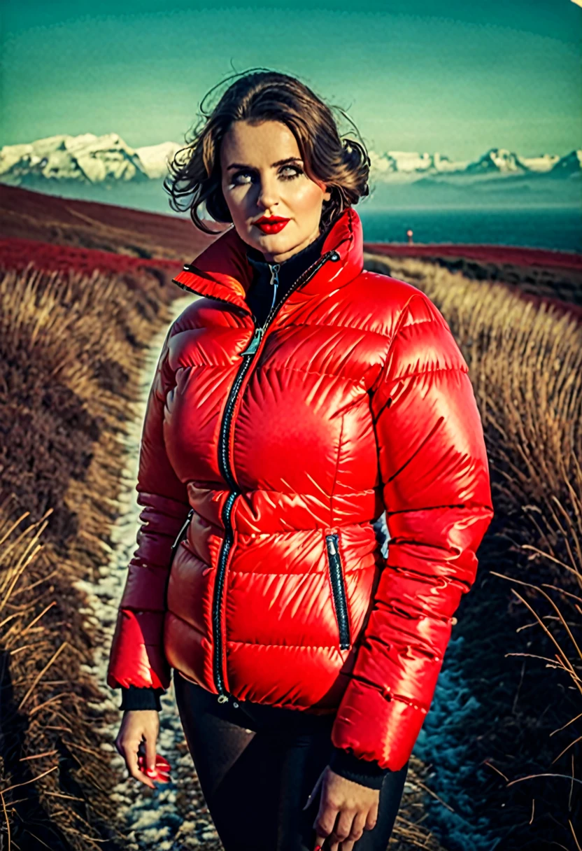 Make a woman with big breast, red pufferjacket , with open zipper, with face, body, landscape, deep focus, vintage film grain, color correction retro style, soft lighting