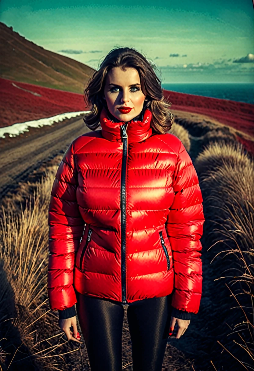 Make a woman with big breast, red pufferjacket , with open zipper, with face, body, landscape, deep focus, vintage film grain, color correction retro style, soft lighting