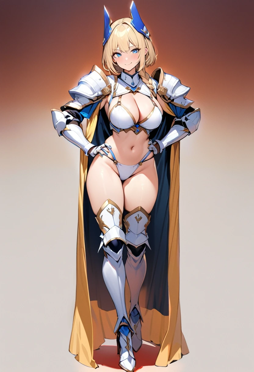 (masterpiece:1.2), (highest quality:1.2), 1girl, solo, ((white-armor)), simple-background, bikini-armo, breasts, full-body, blue-eyes, large-breasts, blonde-hair, thighhighs, navel, gauntlets, shoulder-armor, pauldrons, cleavage, hand-on-hip, armored-boots, standing, looking-at-viewer, short-hair, helmet, high-heels, braid, greaves, thigh-boots, headgear, shoulder-pads, underwear, gloves, revealing-clothes, panties, smile