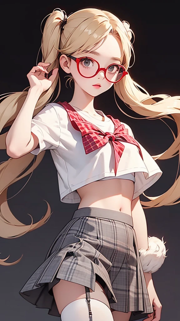((best quality)), ((masterpiece)), (detailed), perfect face, masterpiece, glasses, medium breasts, dark-skinned female, sports bra, miniskirt, pleated skirt, blonde hair, twintails, red ribbon, 