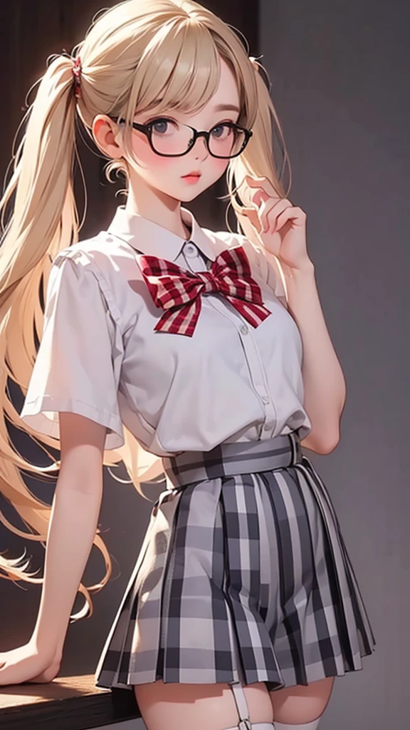 high quality、Masterpiece、Realistic、Perfect Anatomy,One Girl,Ash Blonde Hair、Very short stature,Lolita、zoom、cute、Grey Eyes、、Twin tails、Glasses、White T-shirt、(Gingham check culottes skirt:1.37),Red Stockings、Red Garter Belt、belly button,White Space,Black light