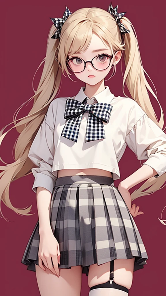 high quality、Masterpiece、Realistic、Perfect Anatomy,One Girl,Ash Blonde Hair、Very short stature,ta、zoom、cute、Grey Eyes、、Twin tails、Glasses、White T-shirt、(Gingham check culottes skirt:1.37),Red Stockings、Red Garter Belt、belly button,White Space,Black light