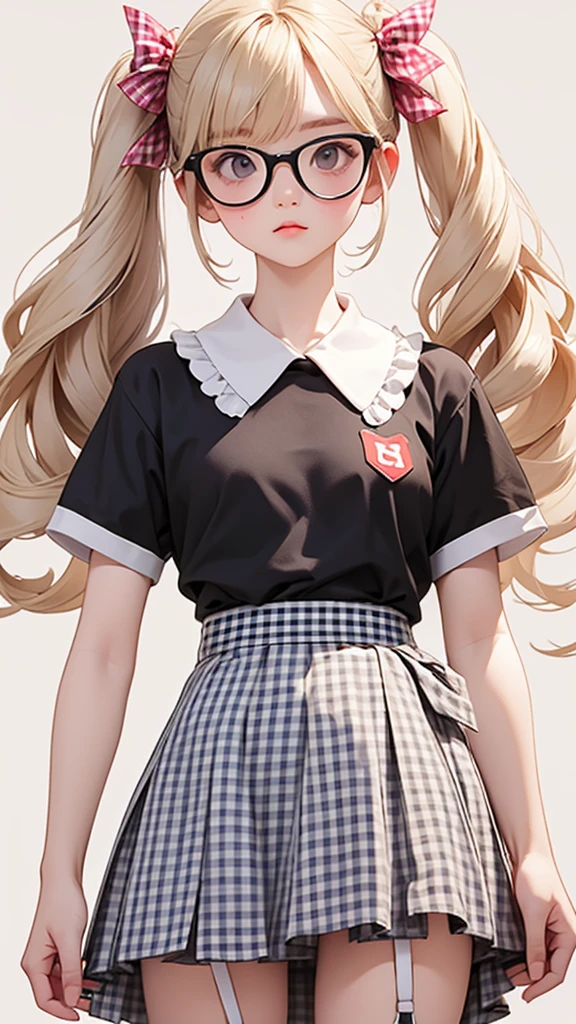 high quality、Masterpiece、Realistic、Perfect Anatomy,One Girl，Ash Blonde Hair、Very short stature，Lolita、zoom、cute、Grey Eyes、、Twin tails、Glasses、White T-shirt、(Gingham check culottes skirt:1.37)，Red Stockings、Red Garter Belt、belly button，White Space，Black light