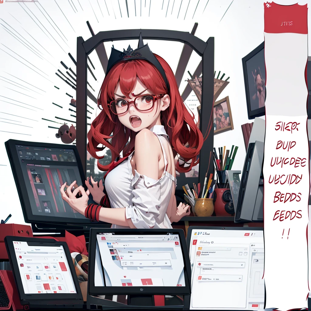 Highly detailed, High Quality, Masterpiece, beautiful, 1girl, ItsAllFuckingLewdsMeme, monitor, blush, angry, open mouth, purah, red glasses, hair ornament, hair stick, red headband, white shirt, bare shoulders, white jacket, 