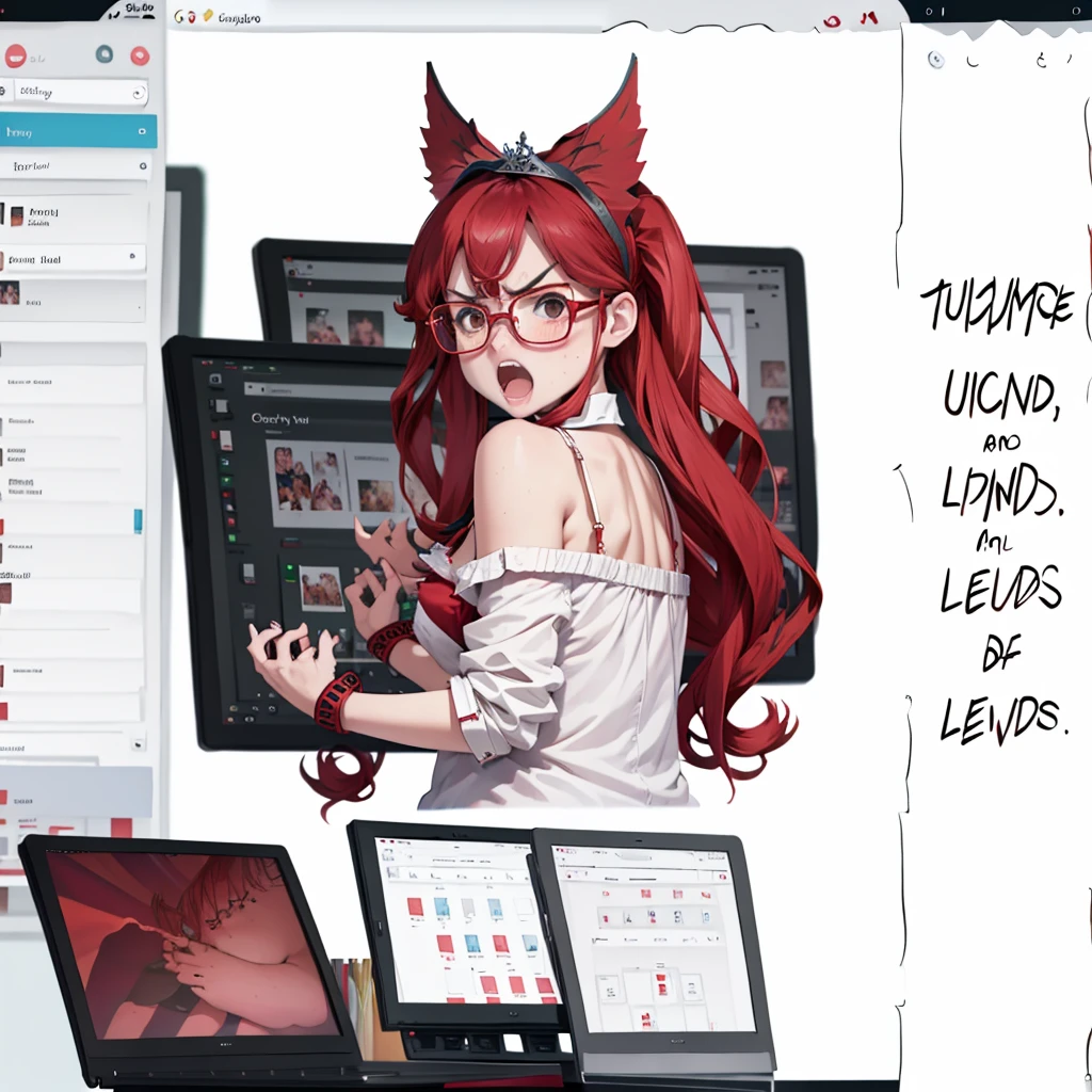 Highly detailed, High Quality, Masterpiece, beautiful, 1girl, ItsAllFuckingLewdsMeme, monitor, blush, angry, open mouth, purah, red glasses, hair ornament, hair stick, red headband, white shirt, bare shoulders, white jacket, 