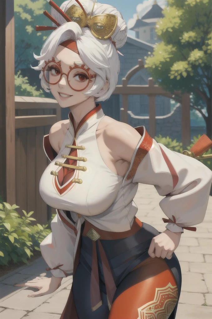 masterpiece, best quality, purah, red glasses, hair ornament, hair stick, red headband, white shirt, bare shoulders, white jacket, black skirt, orange leggings, large breasts, looking at viewer, entrance, garden, leaning forward, upper body, hands to hips, smile