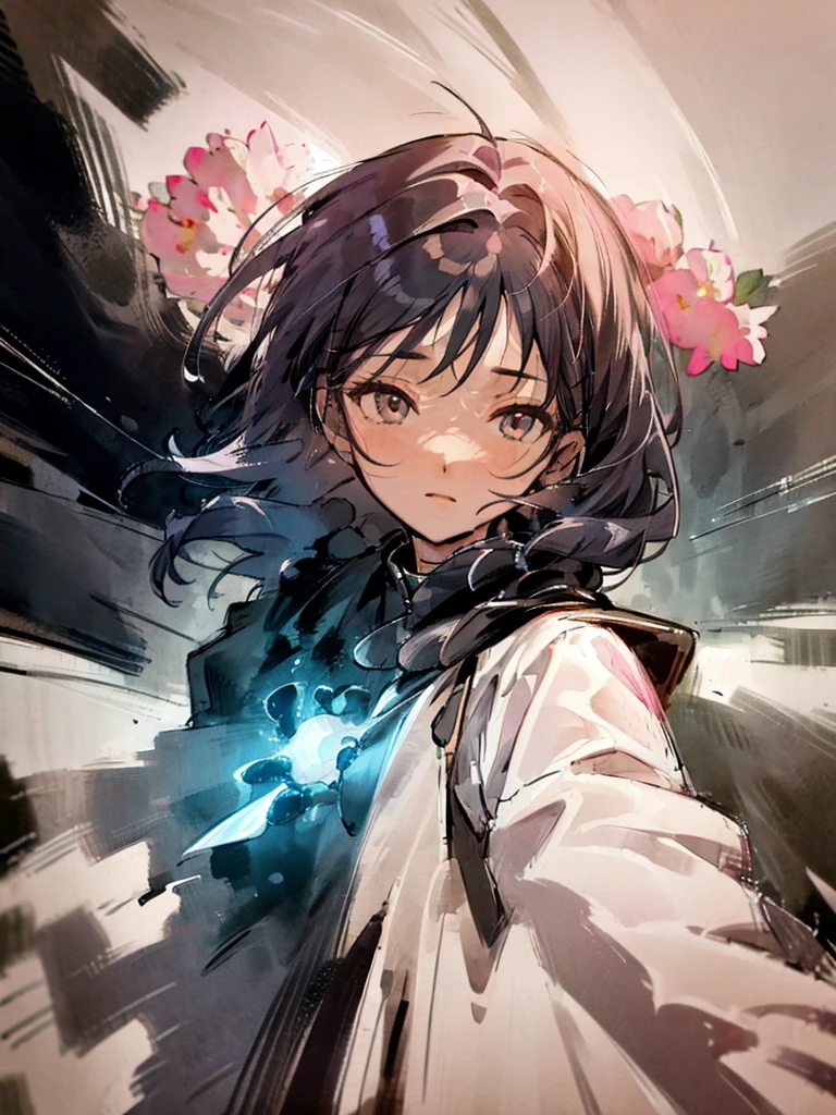 Masterpiece Best Night Full Moon 1 Woman Elder Sister Sister Yu Cold Face Expressionless black Long Hair Woman Light Pink Lips Calm Intelligent Three Stripes pink Eyes Killer Short Knife, flowers, hand details, Finger details,