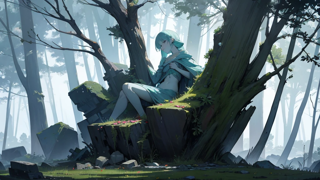 Broken stone statue in the forest