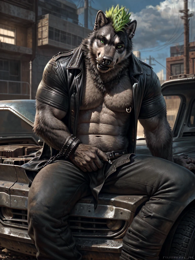 Junkyard setting, recked cars, wolf, husky, canine, punk goth clothing, black tshirt with holes in it, baggy black pants with chains hanging off them, black trenchcoat, sitting on crushed car, muscular, barazoku, evil grin, torn clothing, green Mohawk, green eyes, snake bite piercings on lower lip, two eyebrow piercings on right eyebrow, septum piercing,
by taran fiddler, [by morticus], (Sharp focus, masterpiece, 8k, intricate artwork, hyper detailed, high detail),