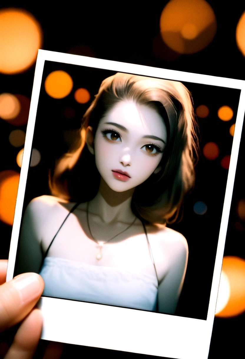 polaroid photo, night photo, 24 year old photo.oh beautiful woman, pale skin, bokeh, motion-blur