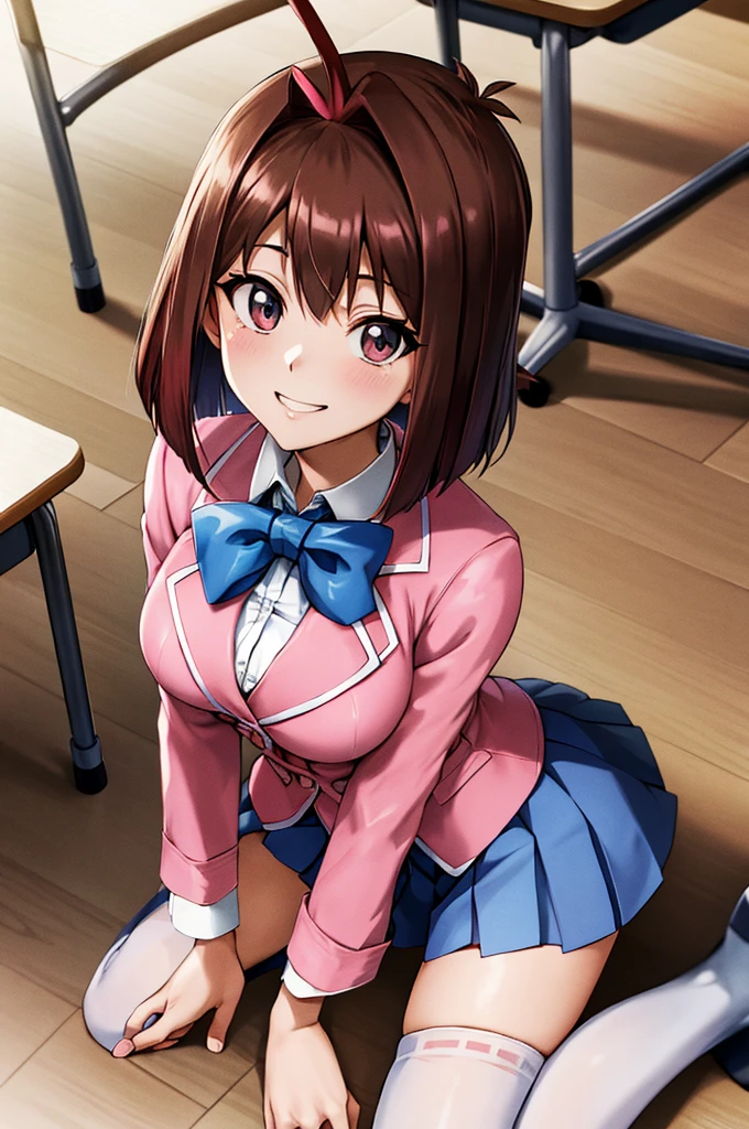 masutepiece, Best Quality, hight resolution, Aamasaki, (Antenna Hair:1.2), medium breasts, blue bowtie, Pink jacket, Blazer, Long sleeves, Blue skirt, Pleated skirt, Outdoors, Cowboy Shot, ((thigh-high socks)), Smile,Kneeling、Inside the classroom