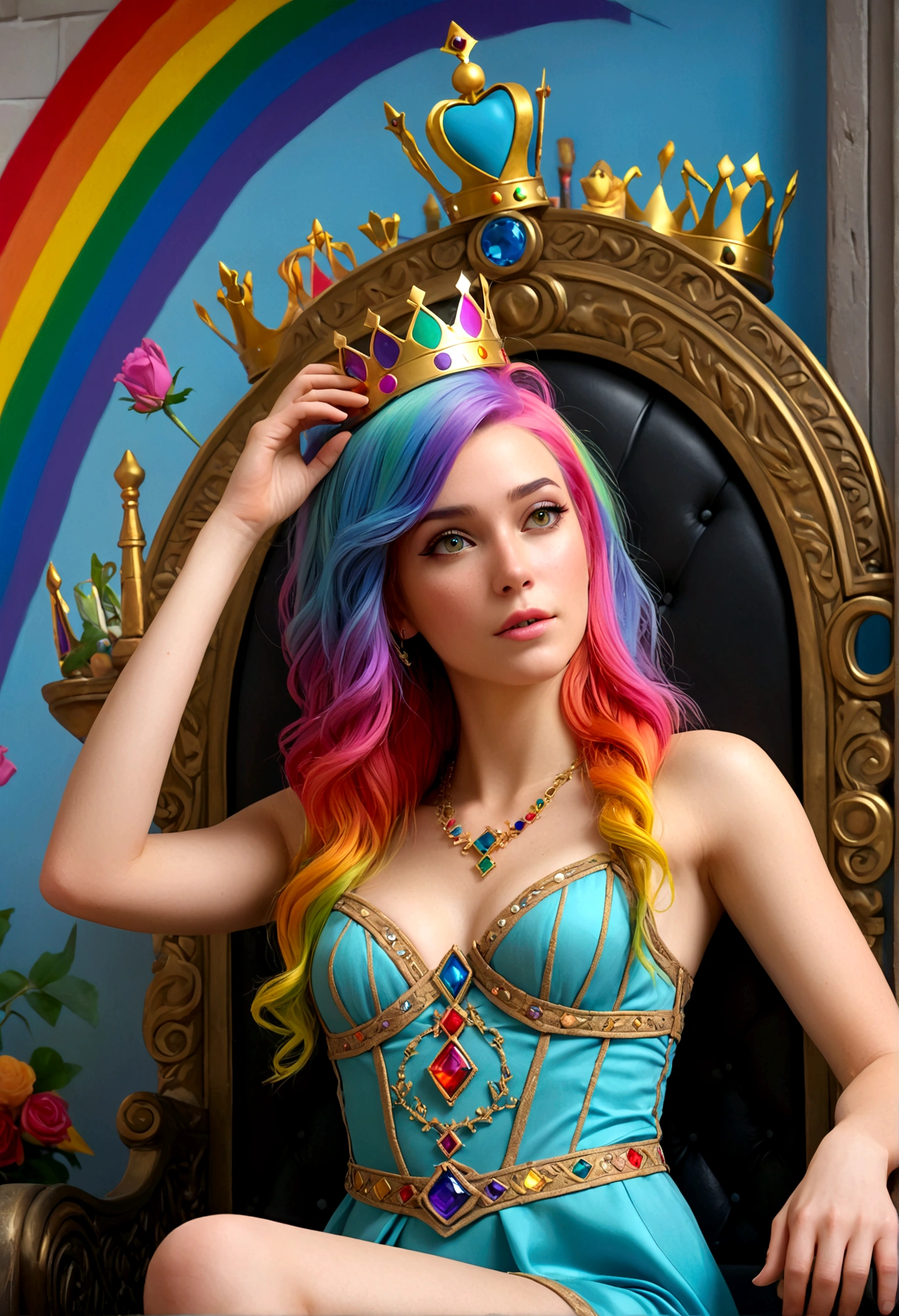 a 25 year old woman with rainbow hair and crown, wearing an intricate regal rainbow dress (dress is open, over sexually exposed), sitting on a throne, with rainbows and sexing men painted on the wall behind her (various sex acts, namely anal play and anal sex), detailed portrait, highly detailed, 4k, photorealistic, masterpiece, ultra-detailed, realistic, vivid colors, cinematic lighting, fantasy, digital art
