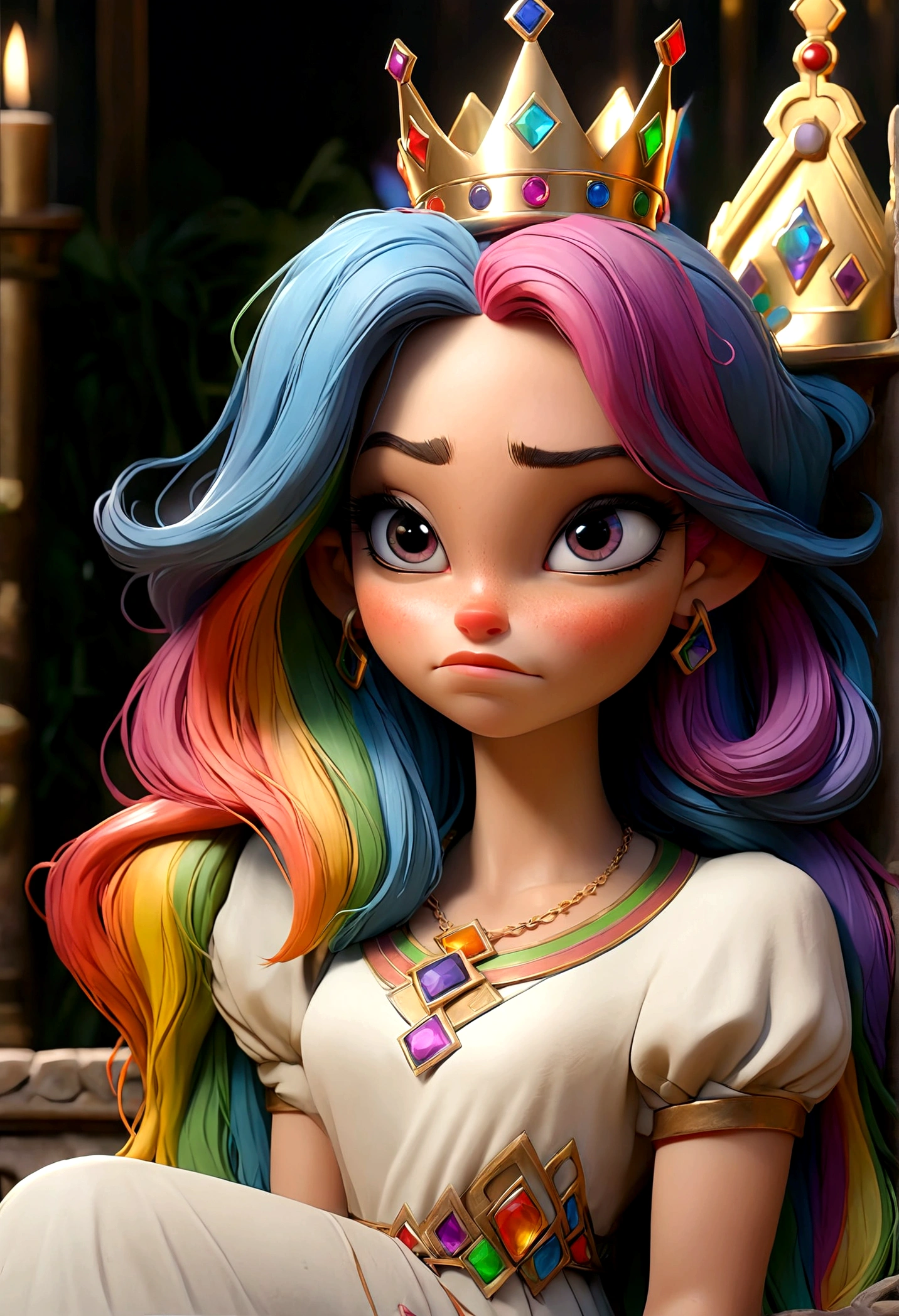 a 25 year old woman with rainbow hair and crown, wearing an intricate regal rainbow dress (dress is open, over sexually exposed), sitting on a throne, with rainbows and sexing men painted on the wall behind her (various sex acts, namely anal play and anal sex), detailed portrait, highly detailed, 4k, photorealistic, masterpiece, ultra-detailed, realistic, vivid colors, cinematic lighting, fantasy, digital art
