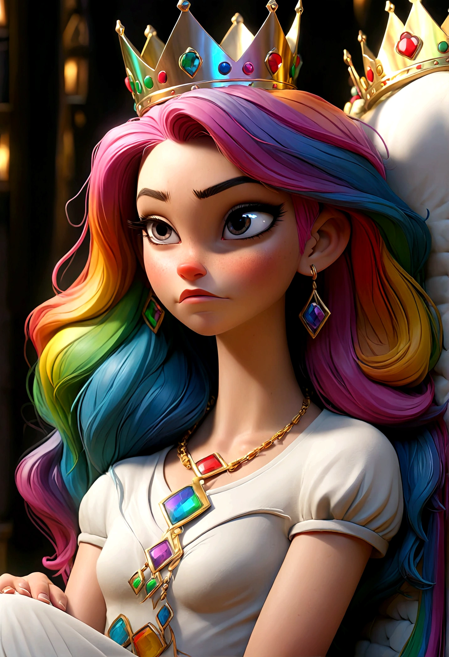 a 25 year old woman with rainbow hair and crown, wearing an intricate regal rainbow dress (dress is open, over sexually exposed), sitting on a throne, with rainbows and sexing men painted on the wall behind her (various sex acts, namely anal play and anal sex), detailed portrait, highly detailed, 4k, photorealistic, masterpiece, ultra-detailed, realistic, vivid colors, cinematic lighting, fantasy, digital art
