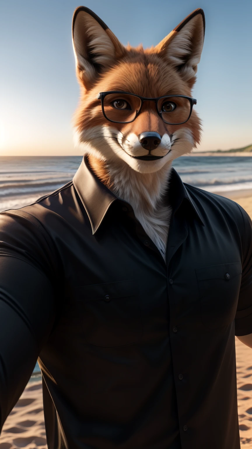 An adult man in his 30s wearing a fox fur suit alone outdoors on the background of a beach smiling at the camera, ((robust)), big arms, Tall Man, arms with black fur, Brown eyes, with glasses, ((black beach shirt, a black short))