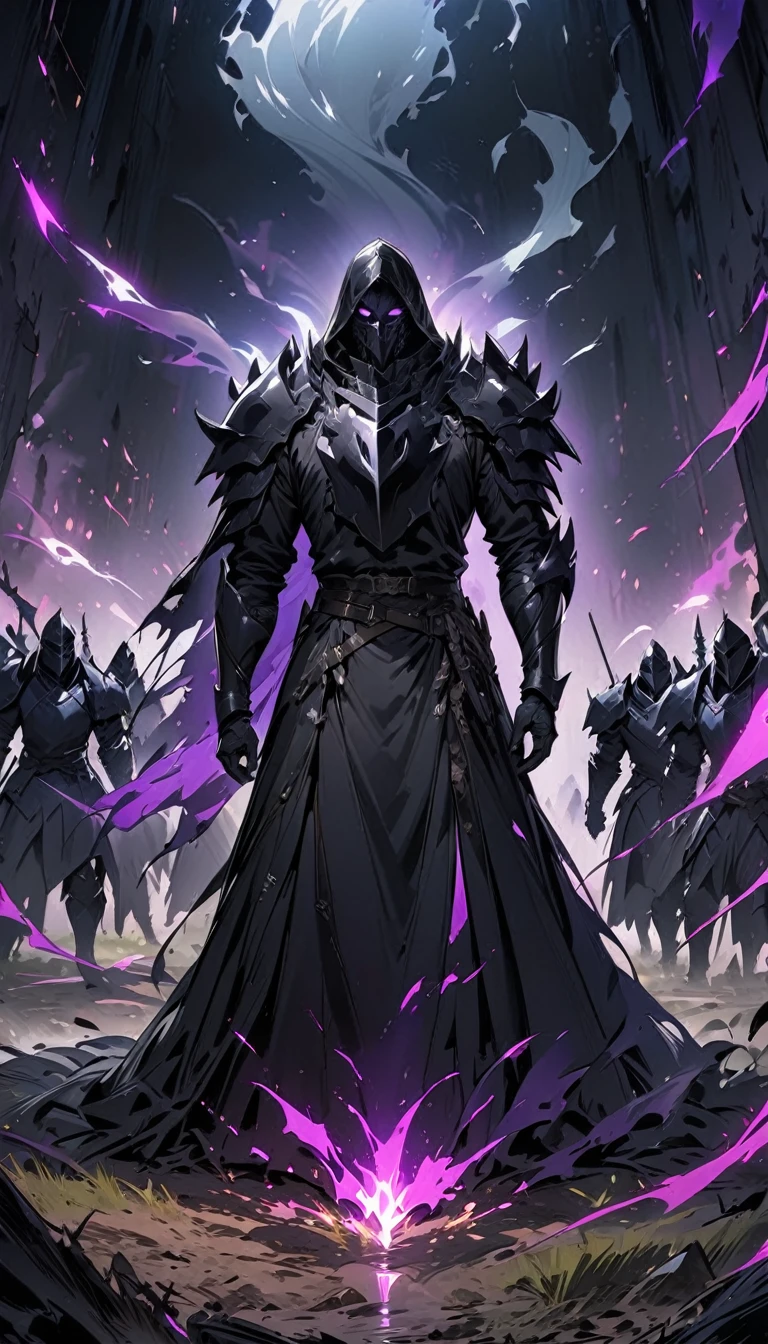 male black shadow ghost knight in a battlefield, shadow, black, knight, ghost knight, full body view, facing front, shadow knight, glowing purple eyes, black smoke, dark, masterpiece, masterpiece lighting, many knights kneeling