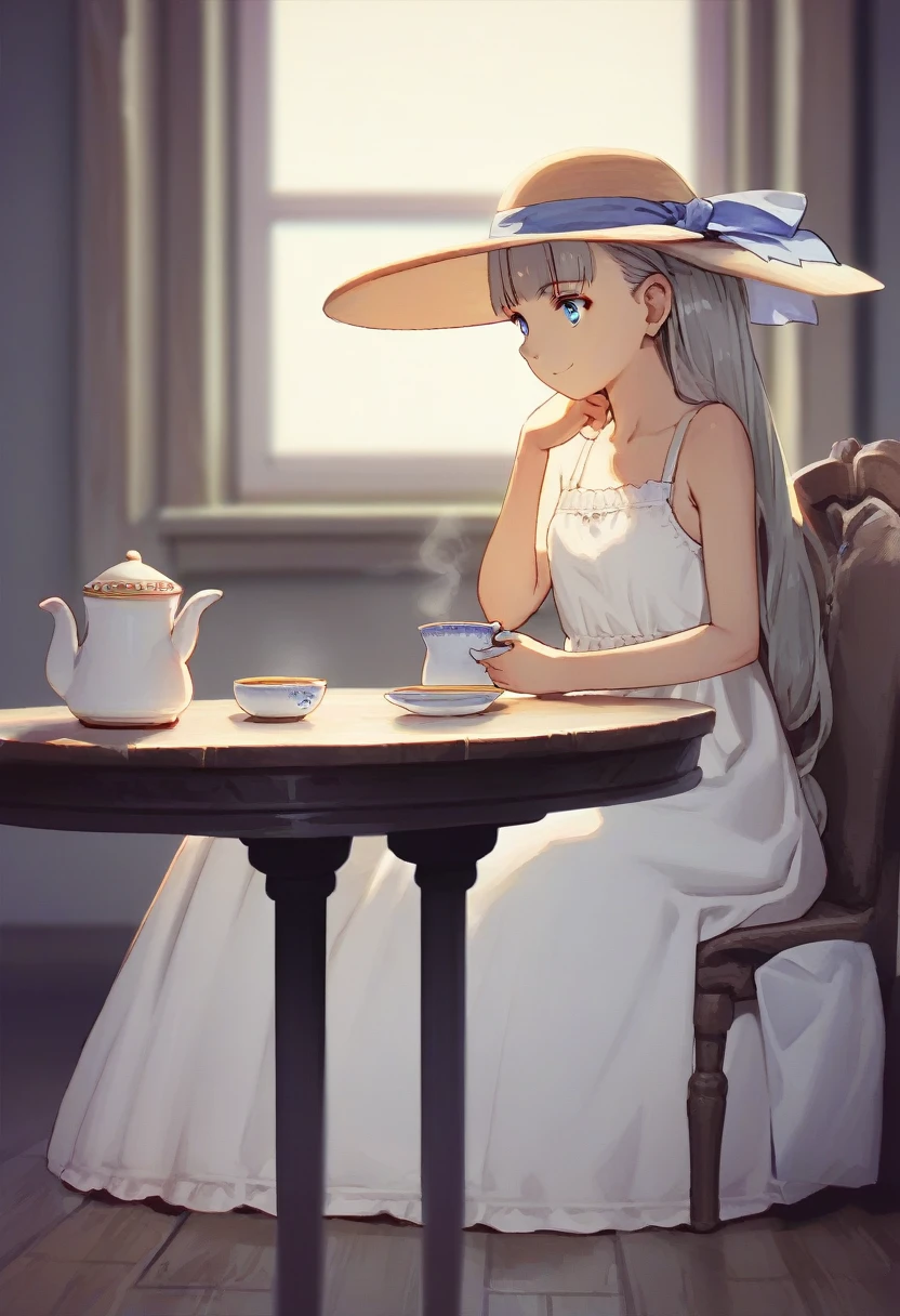 score_9, score_8_up, source_anime,
asanagi, by muk \(monsieur\)
BREAK,
1girl,lawinecasual, grey hair, blue eyes,
white dress, sun hat, hat ribbon,
table, tea, sitting, slight smile,
indoors