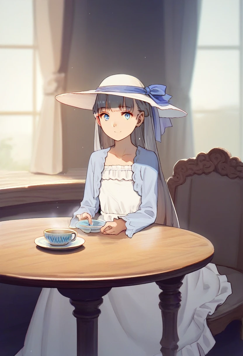 score_9, score_8_up, source_anime,
asanagi, by muk \(monsieur\)
BREAK,
1girl,lawinecasual, grey hair, blue eyes,
white dress, sun hat, hat ribbon,
table, tea, sitting, slight smile,
indoors