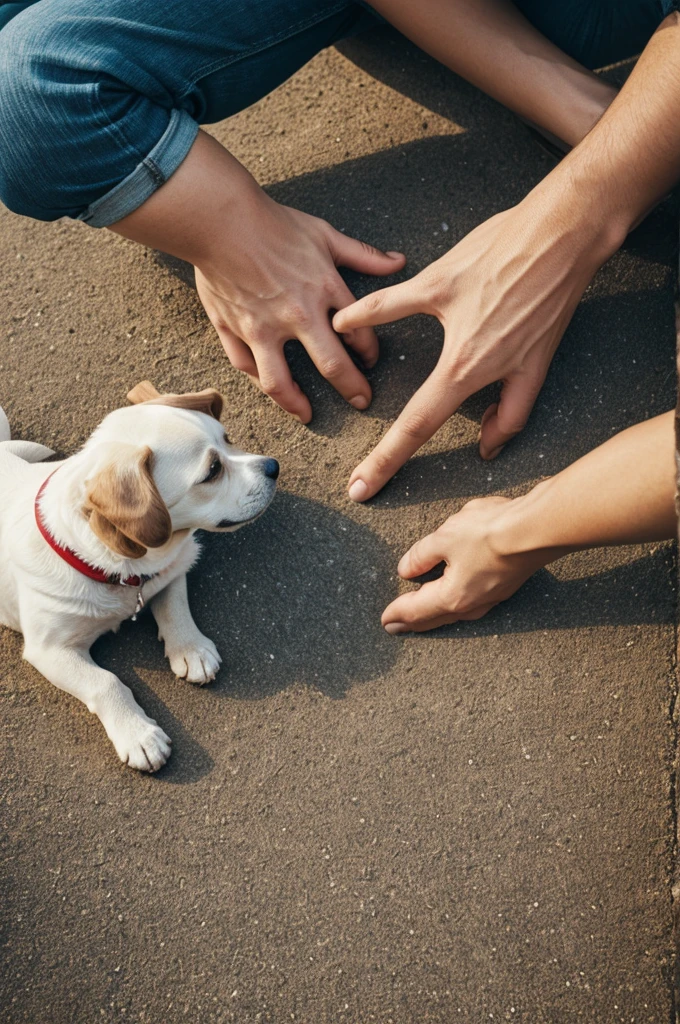 An image where the dog gives its paw to the human's hand. It's like "give me those 5" only you can see the dog's paw and the human's hand
