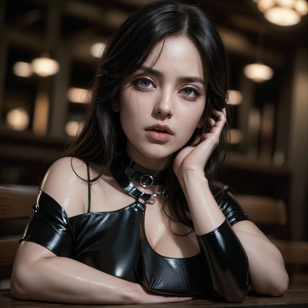 1 GIRL, solo,a beautiful milf with huge breasts, wearing round glasses, sitting on a table in a library, wearing tight black latex stockings that dig into her juicy thighs, wearing a choker collar that strongly compresses her neck, her tongue sticking out and eyes rolled up, (best quality,4k,8k,highres,masterpiece:1.2),ultra-detailed,(realistic,photorealistic,photo-realistic:1.37),detailed eyes,detailed lips,extremely detailed face,long eyelashes,elegant mature woman,seductive pose,intense expression,chiaroscuro lighting,moody atmosphere,dramatic shadows,rich colors,cinematic,portrait