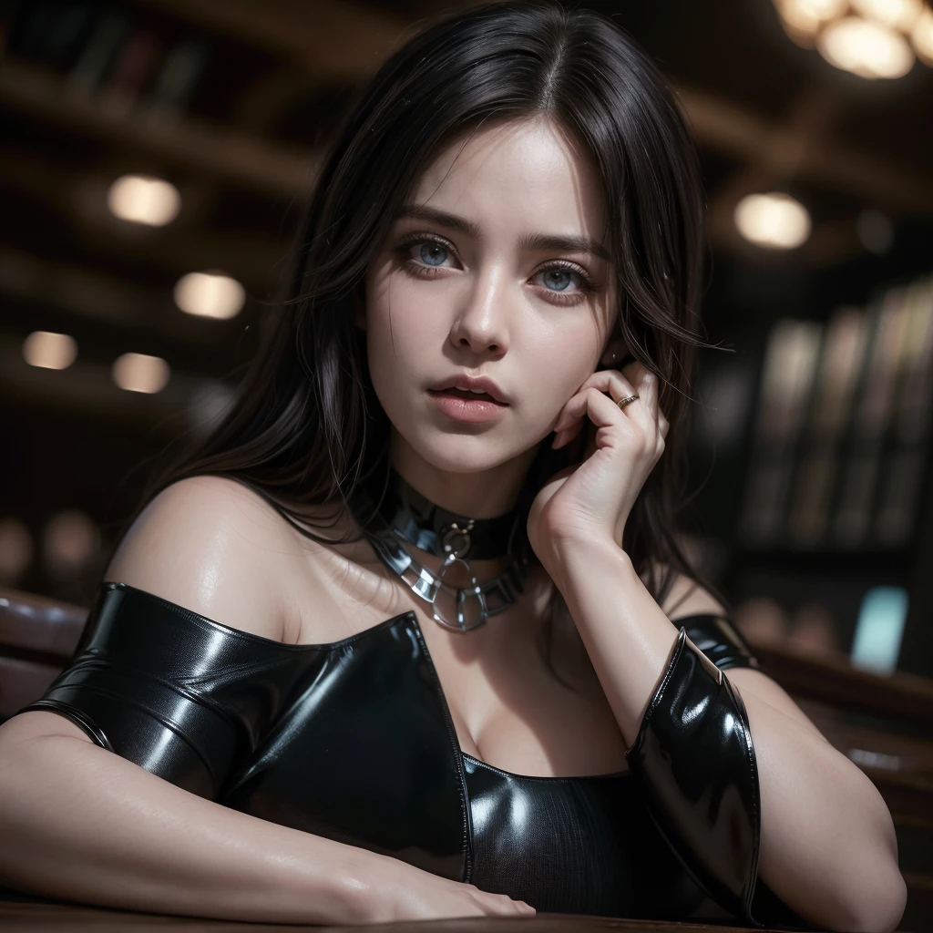 1 GIRL, solo,a beautiful milf with huge breasts, wearing round glasses, sitting on a table in a library, wearing tight black latex stockings that dig into her juicy thighs, wearing a choker collar that strongly compresses her neck, her tongue sticking out and eyes rolled up, (best quality,4k,8k,highres,masterpiece:1.2),ultra-detailed,(realistic,photorealistic,photo-realistic:1.37),detailed eyes,detailed lips,extremely detailed face,long eyelashes,elegant mature woman,seductive pose,intense expression,chiaroscuro lighting,moody atmosphere,dramatic shadows,rich colors,cinematic,portrait