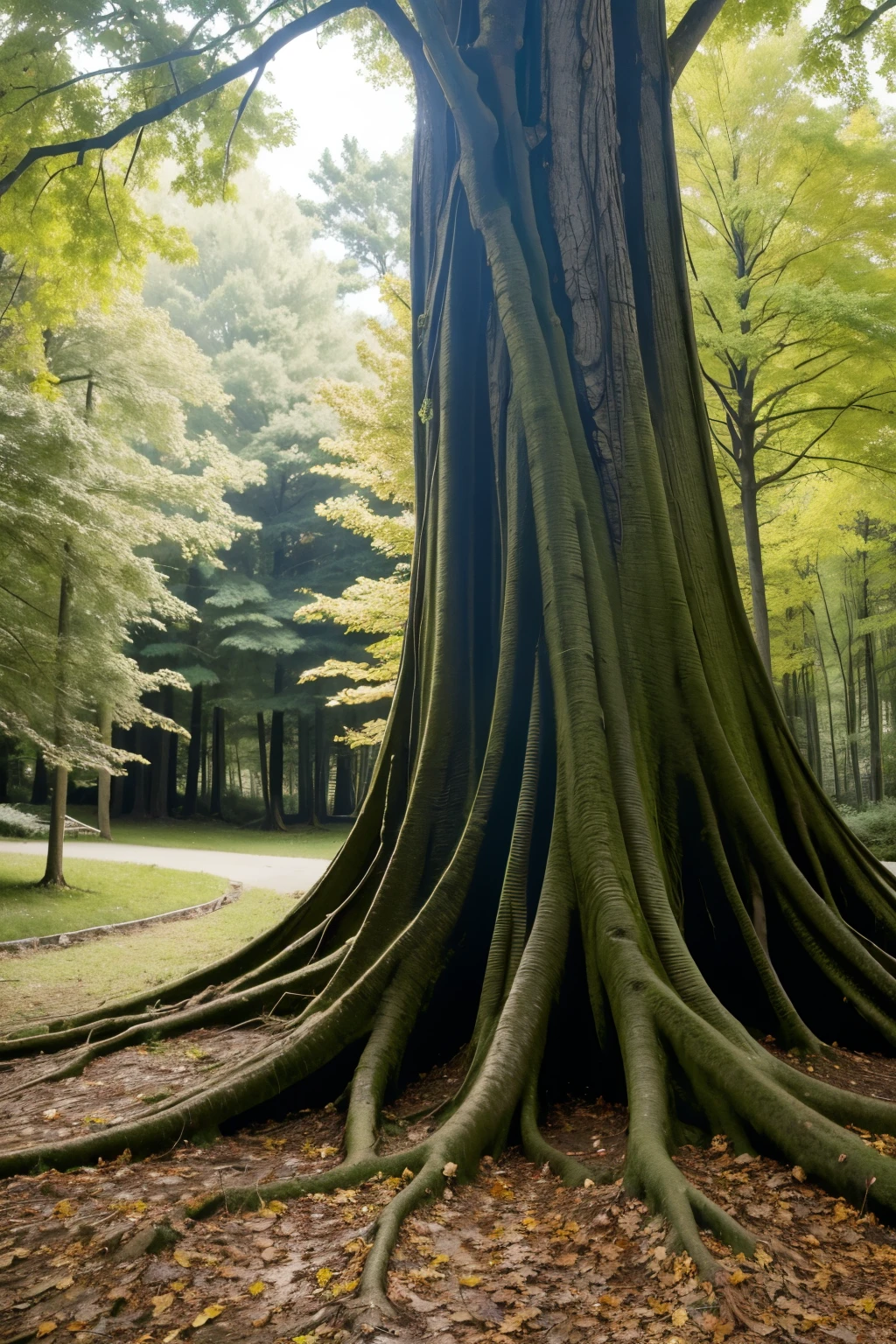 , tree with exposed roots, many leaves ((drawning))
