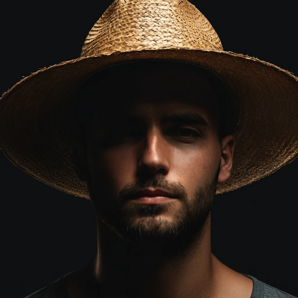 man with straw hat covering the upper part of his face, realistic photo for profile, leave it looking gloomy