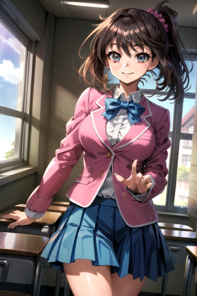 masterpiece,best quality,1girl,mazaki anzu,bbmazaki,ponytail,hair scrunchie,necklace,blue bowtie,pink jacket,blazer,long sleeves,blue skirt,pleated skirt,thighs,smile,blush,classroom,