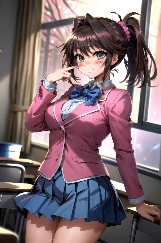 masterpiece,best quality,1girl,mazaki anzu,bbmazaki,ponytail,hair scrunchie,necklace,blue bowtie,pink jacket,blazer,long sleeves,blue skirt,pleated skirt,thighs,smile,blush,classroom,