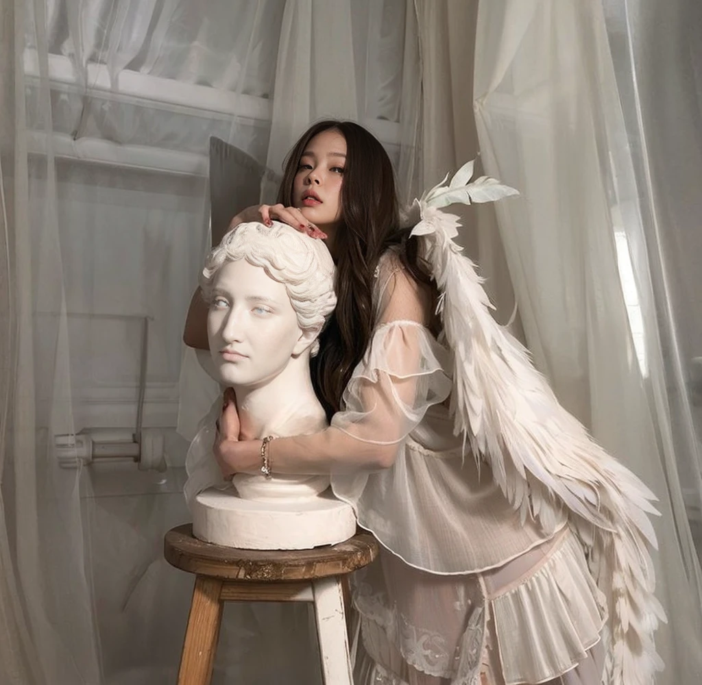 White winged female angel.full body portrait or statue、Sandro Botticelli painting style,Arguments of two female Philosophe,math、astronomical machine、astronaut、roses in vase、fruits、Cute trinkets、smile、ancient greek costume、Ancient Roman landscape in the style of Nicolas Poussin,laughter,,Sweet and seductive appearance.、Caravaggio's paintings、Chiaroscuro of Caravaggio、hair tousled by the wind,Two women frolicking,cute smile, expression of ecstasy,Sexy,erotic