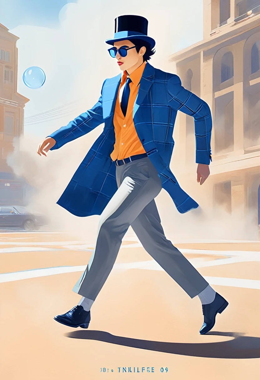 (Modern Art Dance Minimalist Poster Design), (Half body Close Up), (Young boy dancing), (Wearing Modern Fashion Winter Fashion: 0.8), (Wearing Sunglasses and Top Hat: 1.2), Camel Coat Paired with Blue Plaid Shirt, Showcasing an Academy Style Elegance, Presenting a Classic and Fashionable European Style. high nos bridge, and head up posture are sad and beautiful, A slender figure, delicate facial features,
Rotating Mist Illustrations, Ink Painting, Black Hair, Ball Head, tsundere, Surrealism, Contemporary Art Photography, Illustrated Action Painting, Abstract Expressionism, Pixar, Depth of Field, Motion Blur, Backlight, Fallout, Fading, Looking Up Angle, Sony FE GM, UHD, Masterpiece, Accuracy, Textured Skin, Super Detail, High Detail, High Quality, Award winning, Best Quality, High Level, 16k, Shooting from Bottom Up Perspective,