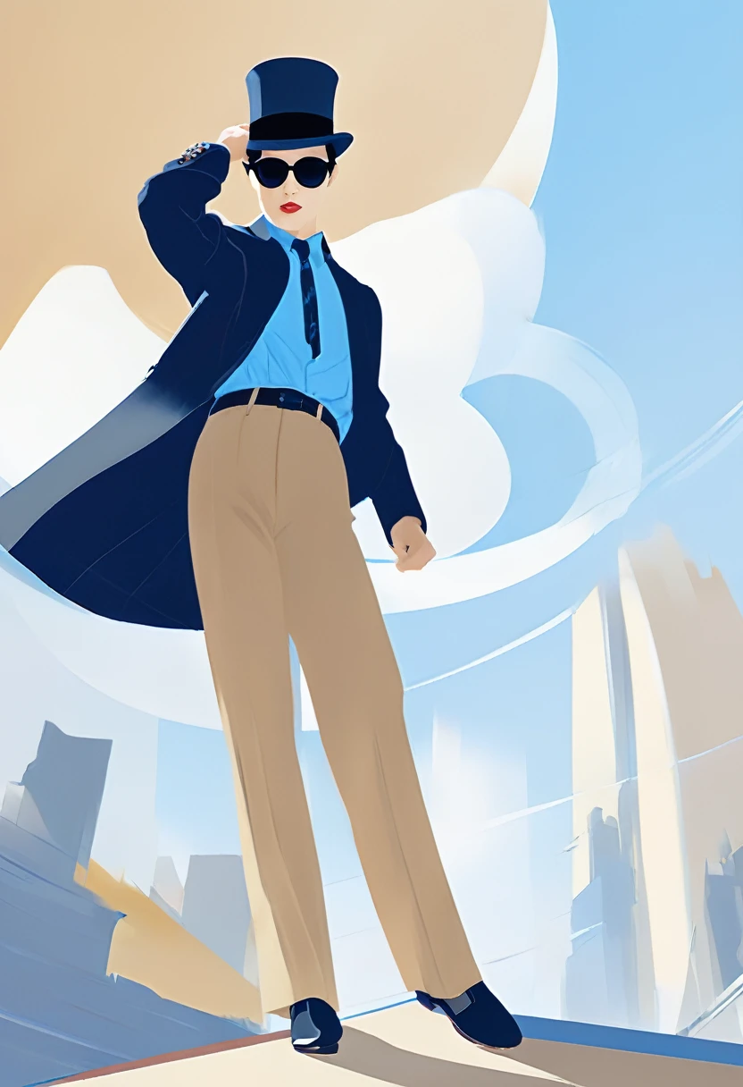 (Modern Art Dance Minimalist Poster Design), (Half body Close Up), ( boy dancing), (Wearing Modern Fashion Winter Fashion: 0.8), (Wearing Sunglasses and Top Hat: 1.2), Camel Coat Paired with Blue Plaid Shirt, Showcasing an Academy Style Elegance, Presenting a Classic and Fashionable European Style. high nos bridge, and head up posture are sad and beautiful, A slender figure, delicate facial features,
Rotating Mist Illustrations, Ink Painting, Black Hair, Ball Head, tsundere, Surrealism, Contemporary Art Photography, Illustrated Action Painting, Abstract Expressionism, Pixar, Depth of Field, Motion Blur, Backlight, Fallout, Fading, Looking Up Angle, Sony FE GM, UHD, Masterpiece, Accuracy, Textured Skin, Super Detail, High Detail, High Quality, Award winning, Best Quality, High Level, 16k, Shooting from Bottom Up Perspective,