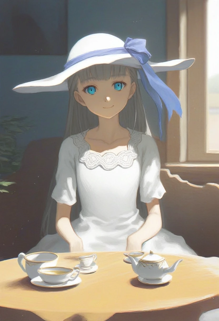 score_9, score_8_up, source_anime,
asanagi, by muk \(monsieur\)
BREAK,
1girl,lawinecasual, grey hair, blue eyes,
white dress, sun hat, hat ribbon,
table, tea, sitting, slight smile,
indoors