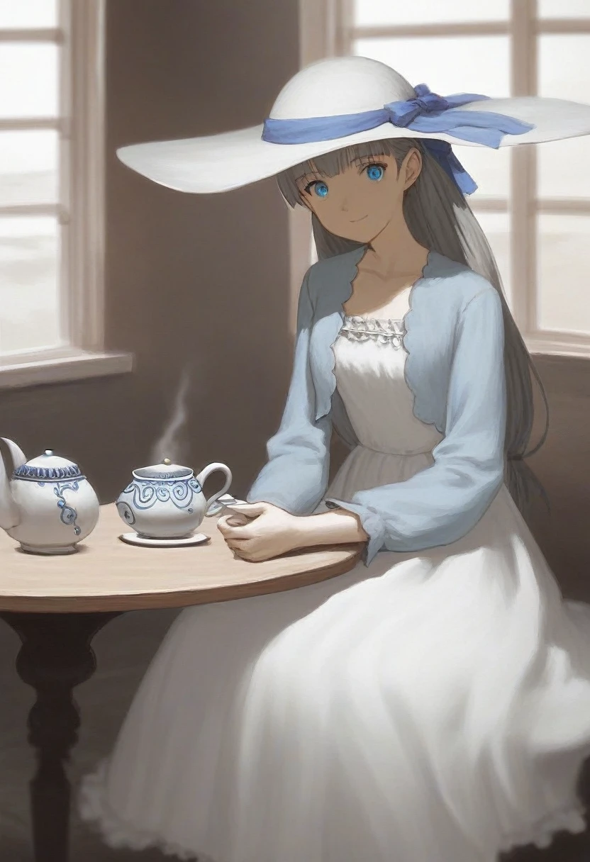 score_9, score_8_up, source_anime,
asanagi, by muk \(monsieur\)
BREAK,
1girl,lawinecasual, grey hair, blue eyes,
white dress, sun hat, hat ribbon,
table, tea, sitting, slight smile,
indoors