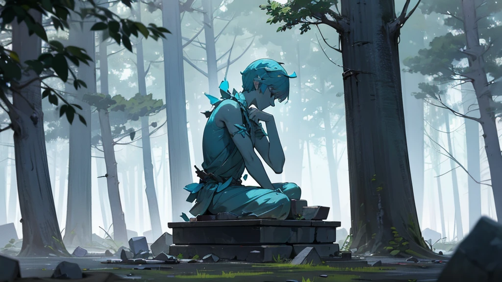 A small broken stone statue in the forest. No one there. Stone fragments scattered all over the place.