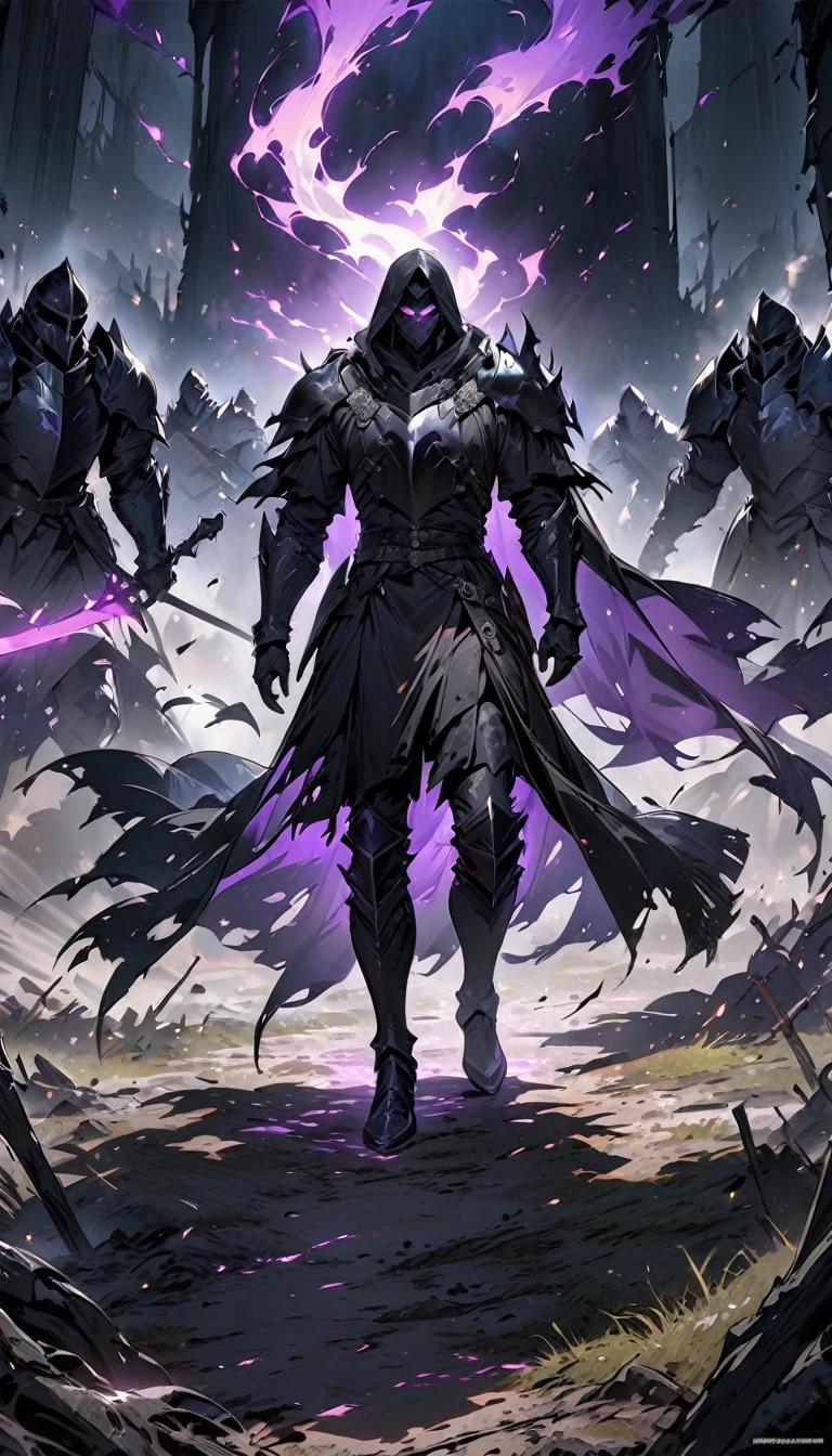 male black shadow ghost knight in a battlefield, shadow, black, knight, ghost knight, full body view, facing front, shadow knight, glowing purple eyes, black smoke, dark, masterpiece, masterpiece lighting, many knights kneeling