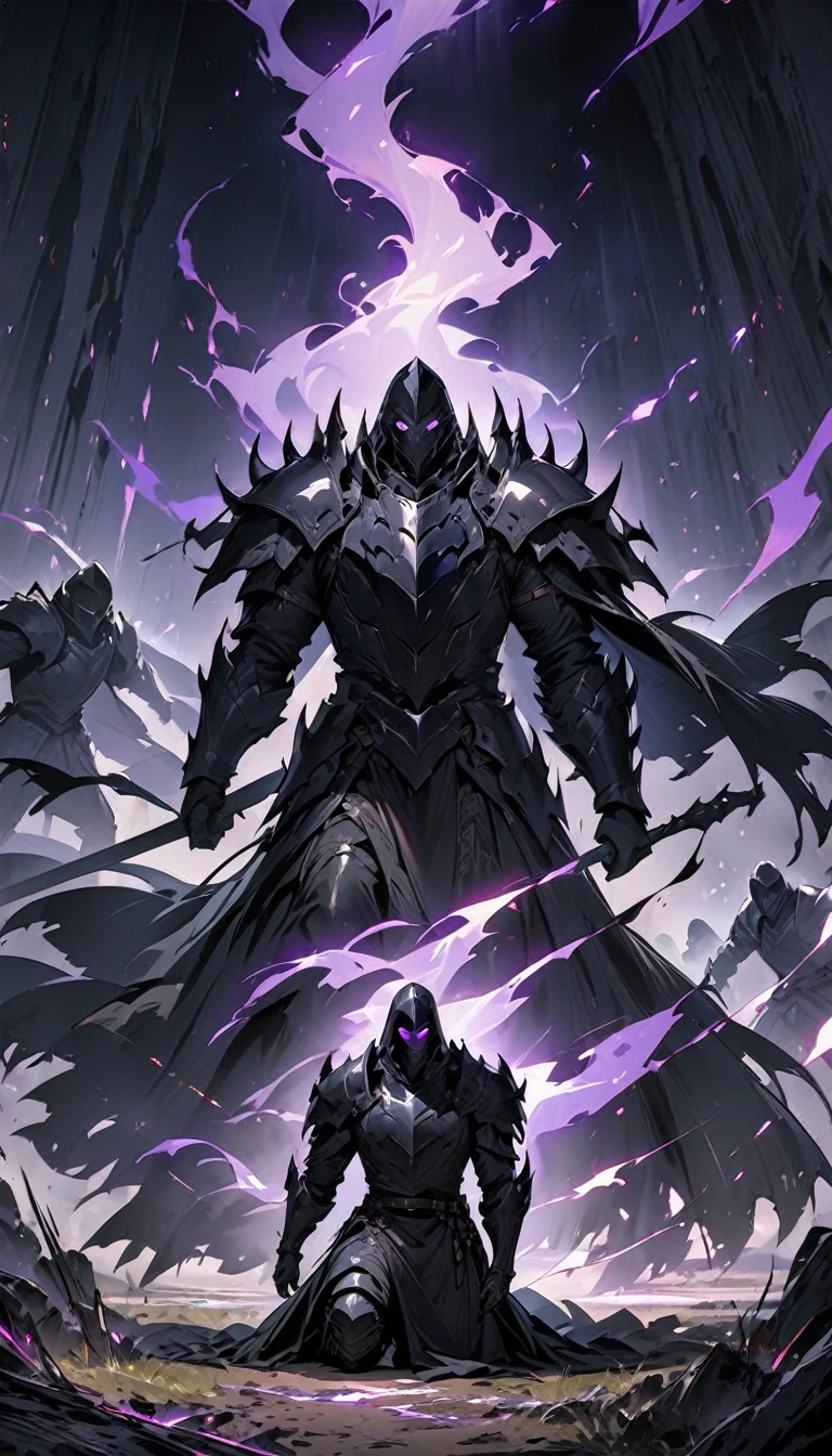 male black shadow ghost knight in a battlefield, shadow, black, knight, ghost knight, full body view, facing front, shadow knight, glowing purple eyes, black smoke, dark, masterpiece, masterpiece lighting, many knights kneeling