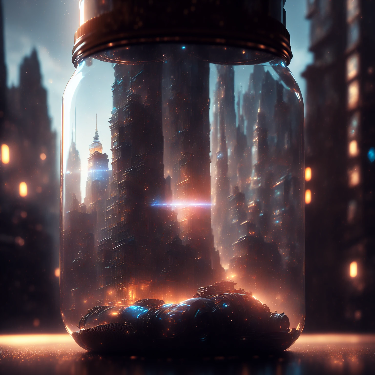 (dreamlike art world in a bottle), realistic, photo, canon, dreamlike, art, (colorful city with lights and tall buildings in a bottle) hyperdetailed photorealism by Greg Rutkowski - h 1024 w 804 | f 1 6 lens mark 2:2 s 3555 mm film grain :1 lifelike high res sharp focus contrast!! intricate detailed atmospheric light refraction lighting unreal engine 5 cinematic concept photography masterpiece octane render trending at cgsociety rendered as