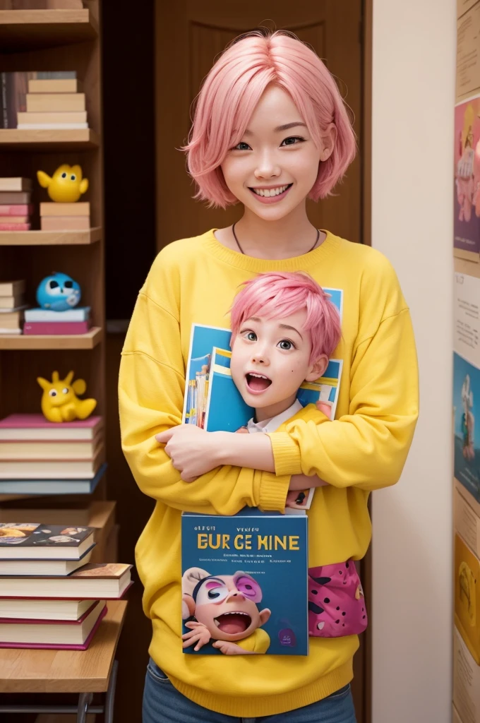 I want a photo of an emotion from the fun Pixar film.and one with pink hair,yellow skin and she is holding books,she is happy 