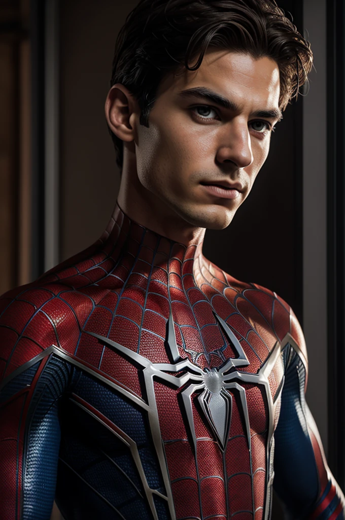 A photograph of Spider-Man., sin mascara, the 20s, elegant, detailed face, looking to the camera, portrait, 8k hd, high quality