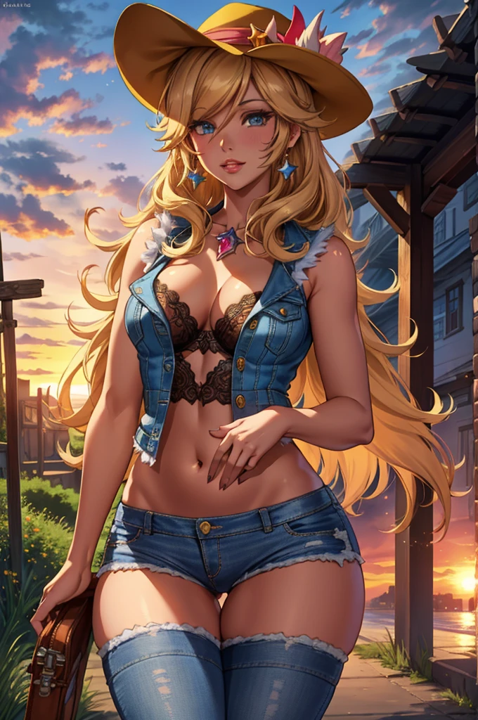 2 girls in the same image, Princess Peach, Rosalina (is a character who made her debut in the game Super Mario Galaxy. First appears in Galaxy Portal), slender, highly detailed girls, beautiful faces, detailed eyes and beautiful, detailed lips, wears a cowboy hat, with fringes, a vest with a sheriff's star, a defined waist, wearing sensual colored lace women's lingerie, belly showing, wearing small short denim shorts, scarf around her neck, seductive look, full breasts, they are in the middle of a Old West town and very detailed, with a sunset set in the background with few clouds in the sky in an Old West sunset