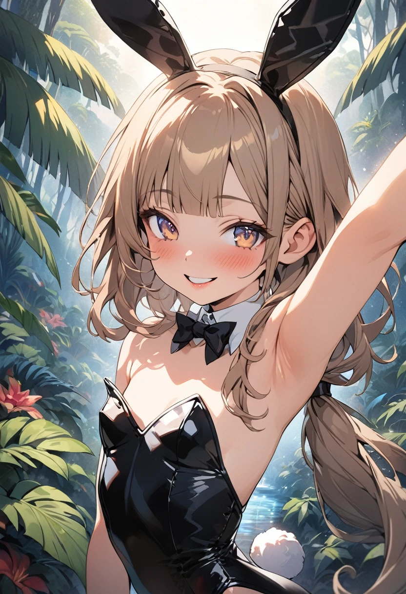 ((Masterpiece)), ((best quality)), (Anime:1.3), (psychedelic art:1.5), (High Definition:1.3), (Professional Photography:1.4), ((12 years old)), 1girl, (Big smile and blush), (Glossy lips), upper body, (put on bunny ears), ((wearing Playboy_bunny)), (loose blunt bangs), low ponytail, pale brown hair, small breast, cute hips, BREAK, ((best quality)), arm up, (mist effect:1.3), (in subtropical rainforest), Beautiful Horizon Background, sunset, paper texture