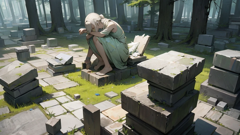 Broken small stone statue, deserted in the forest, stone fragments scattered around