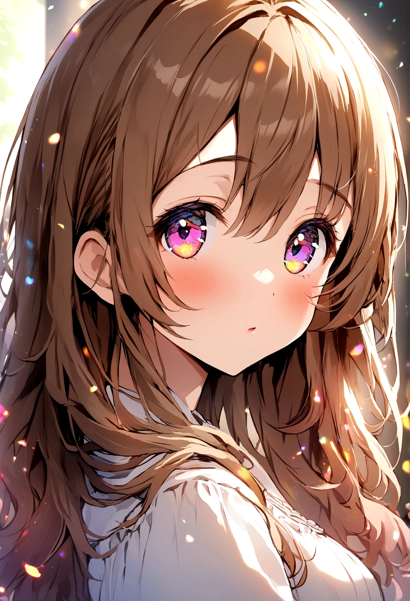 1girl, yui hirasawa, cute, colorful, lovely, close face, face at viewer, open eyes, highres, light brown hair, colorful eyes, side view, eyes at camera, cute, young, long hair, seductive, hdr