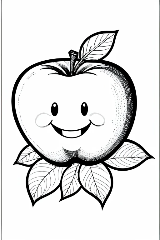 A happy apple with a big, leafy stem coloring page with thick lines in black and white